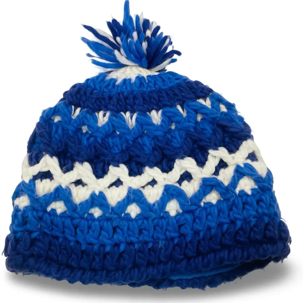 LL Bean Kids Medium Beanie Hat Blue Purple Knit Pom Fleece Lined Winter Ski Cap